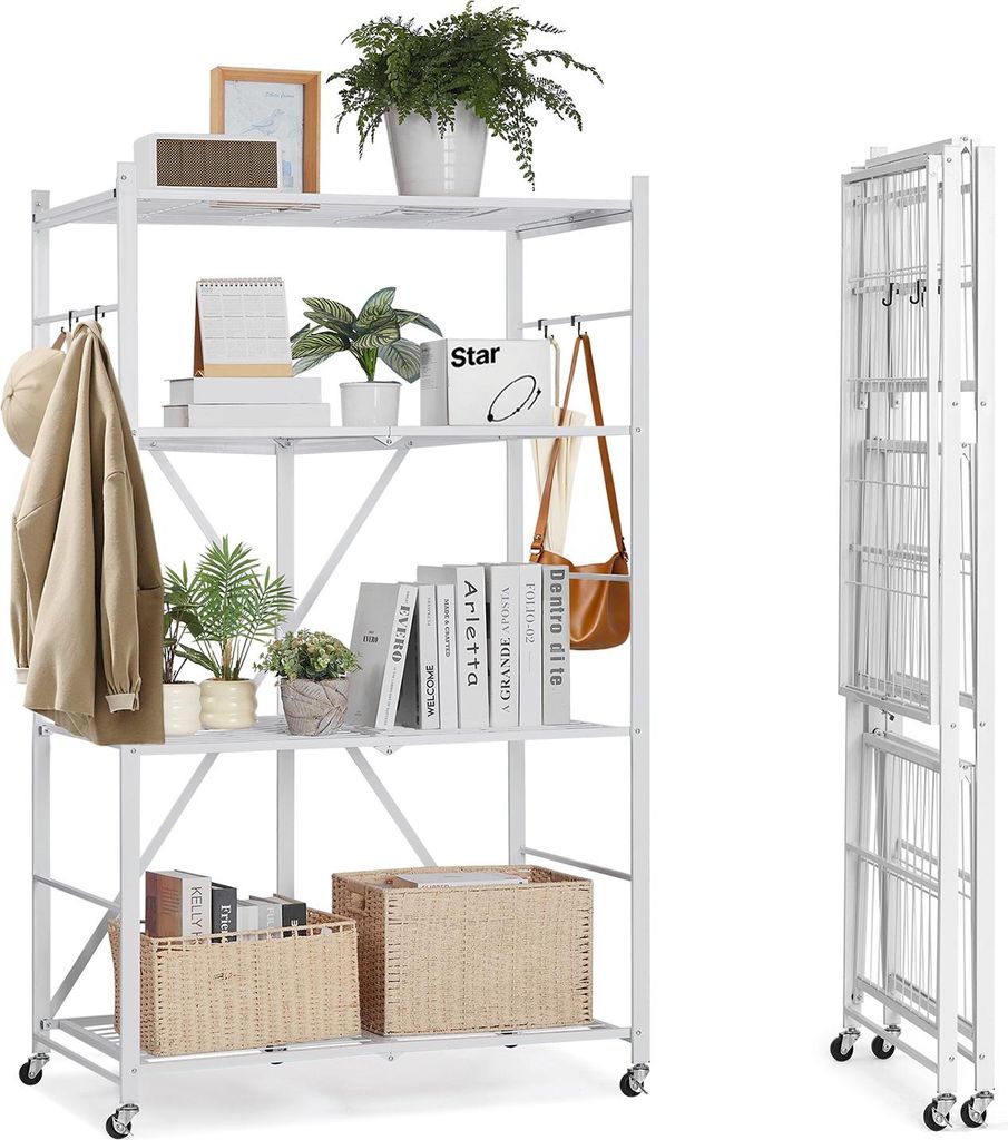 VEVOR 4 Etagen, Klappbare Regale mit Rädern, 53x91x152 cm, Faltbares Schwerlastregal, montagefreies Standregal, Haushaltsregal, Küchenregal, Meta...