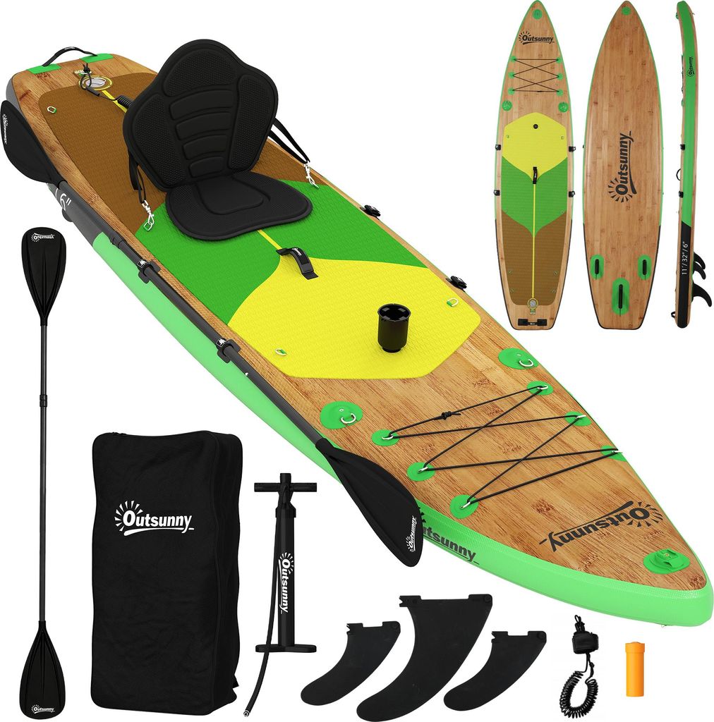 Stand Up Paddling Board Set Aufblasbar 335cm SUP Board mit Kajak Sitz, Verstellbares Doppel-Paddel Fußschlaufe