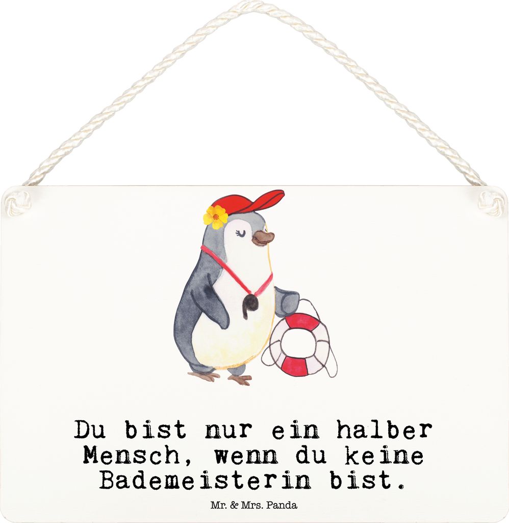 Mr. & Mrs. Panda holzbild Bademeisterin Herz DIN A6 - Weiß - Geschenk, Freibad, kleine aufmerksamkeit, Wandbild Holz, Schwimmbad, Dekoschild, Schi...