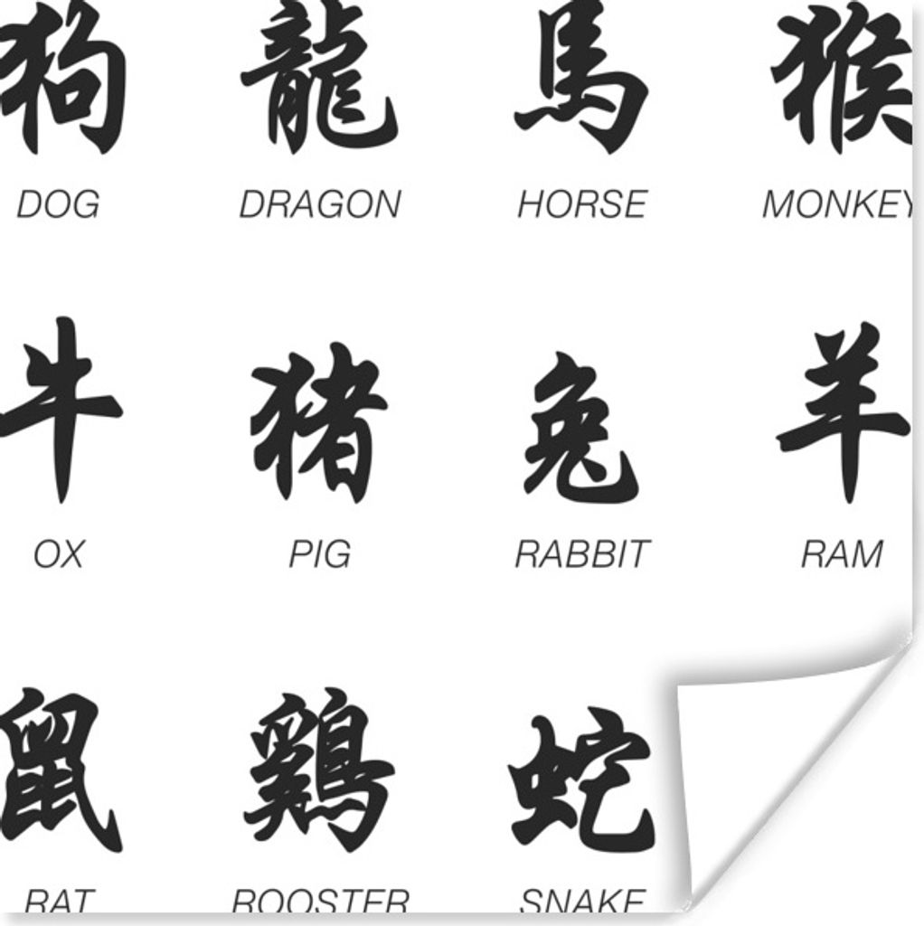MuchoWow Poster Chinesische Zeichen für Tiernamen 75x75 cm - Wand Dekoration