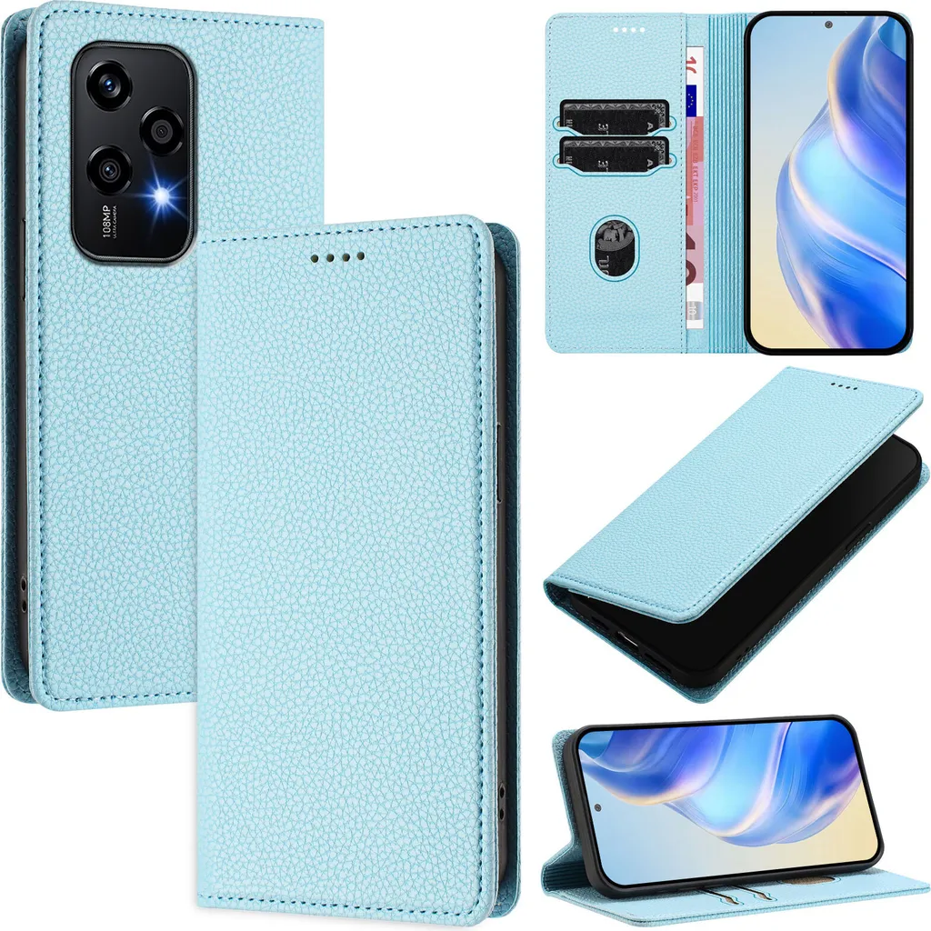 Cover Honor 200 Lite Pelle Litschi Blu Chiaro con Stand e Porta Carte
