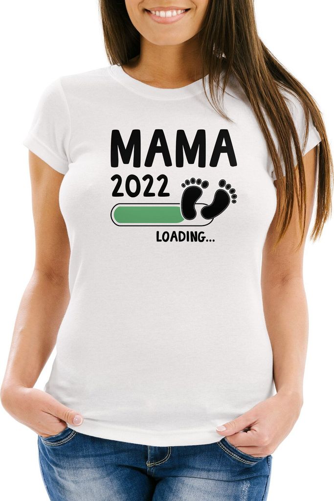 Damen T-Shirt Mama Oma Tante Patentente 2022 loading Geschenk für werdende Mama Schwangerschaft Geburt Baby Slim Fit Moonworks weiß-schwarz 3XL