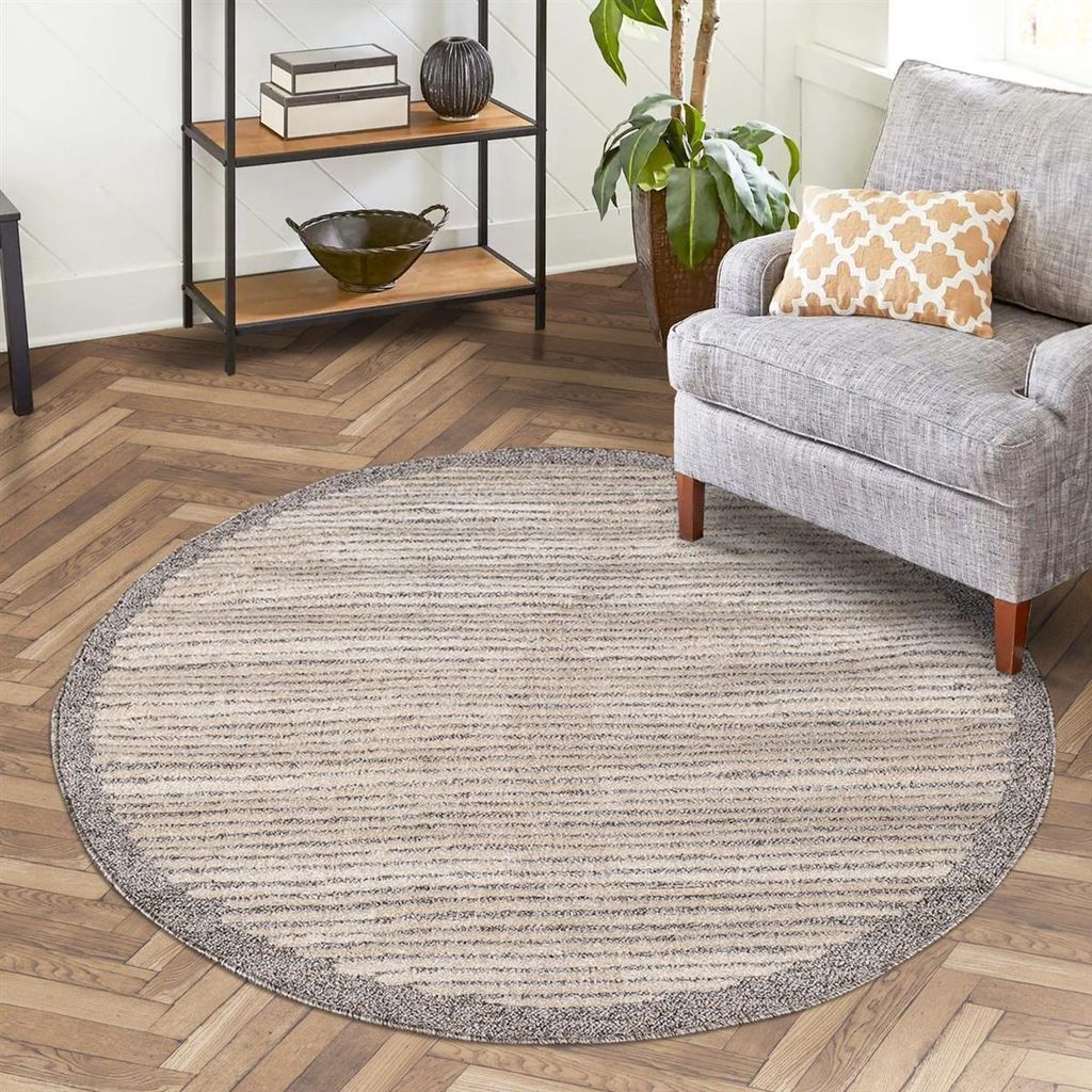 Teppich Wohnzimmer Mocca - 120 cm Rund - Streifen-Muster - Kurzflor Fransenteppiche Modern