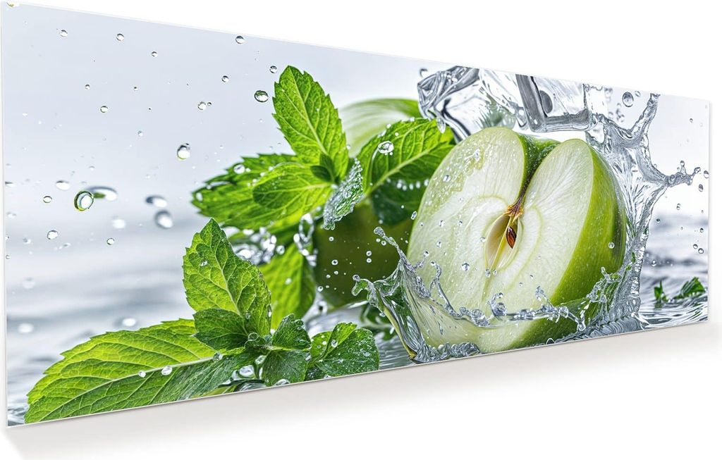 Glasbild 125x50cm in XXL für Wohnzimmer, Schlafzimmer Motiv Spritzender Apfel Mint