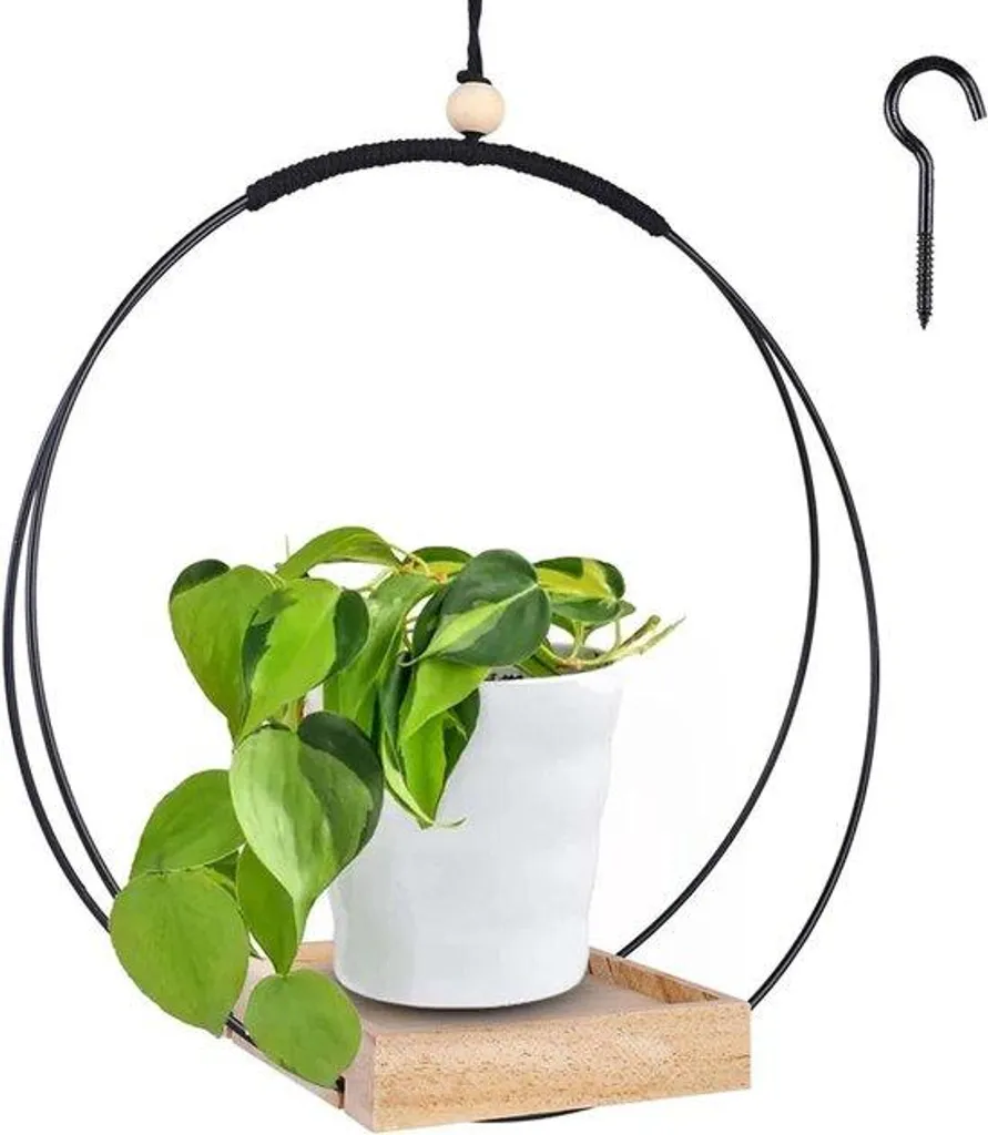 Pendentifs floraux en macramé noir avec socle en bois de pin - 30cm