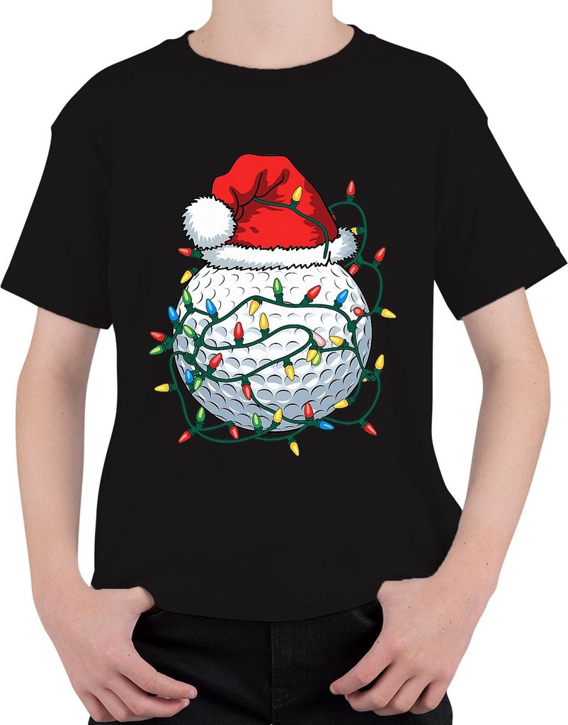 Weihnachten Golfball mit Mütze und Lichtern Golf Geschenk Idee Uni Kinder T-Shirt, Schwarz, 104