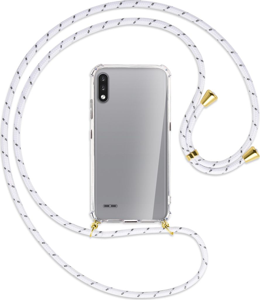 Handykette Backcover-Schutzhülle mit Band (Metall goldfarben) für LG K22 LMK200 - weiß/grau