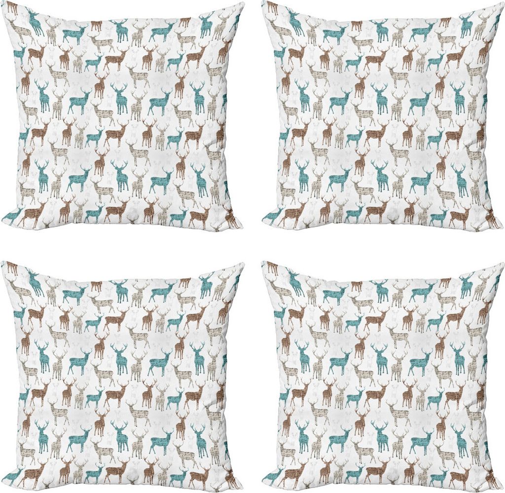 ABAKUHAUS Hirsch Kissenbezug Set (4 Stück), Alt Text Tiere Weihnachten, Moderner Doppelseitiger Digitaldruck, 50 cm x 50 cm, Türkis-Brown-Beige