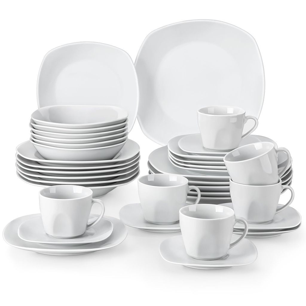 36-tlg. Kombiservice aus Porzellan, Tafelservice mit Tellerset, Kaffeeservice, Müslischalen für 6 Personen, grauweiß