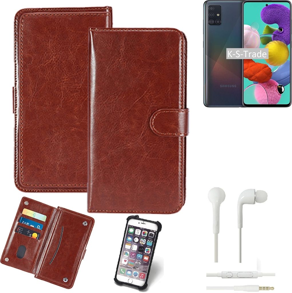 K-S-Trade 360° Hülle kompatibel mit Samsung Galaxy A51 inkl. Headphones braun Kunstleder Case BookCase WalletCase Kunstlederederhülle Handyhülle,