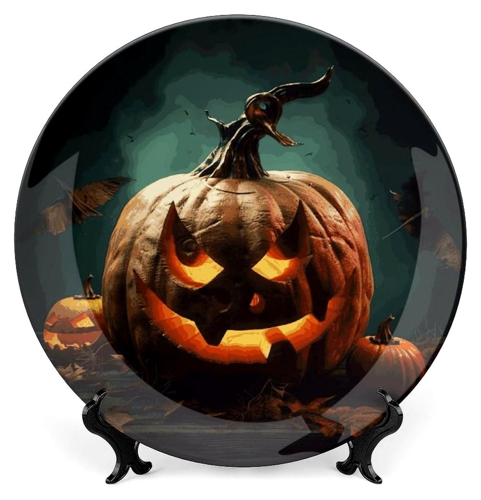 Dekorativer Keramikteller aus Knochenporzellan mit Halloween-Kürbisdruck, personalisierbar, rund, für Bastelprojekte, feines Knochenporzellan, Sa...