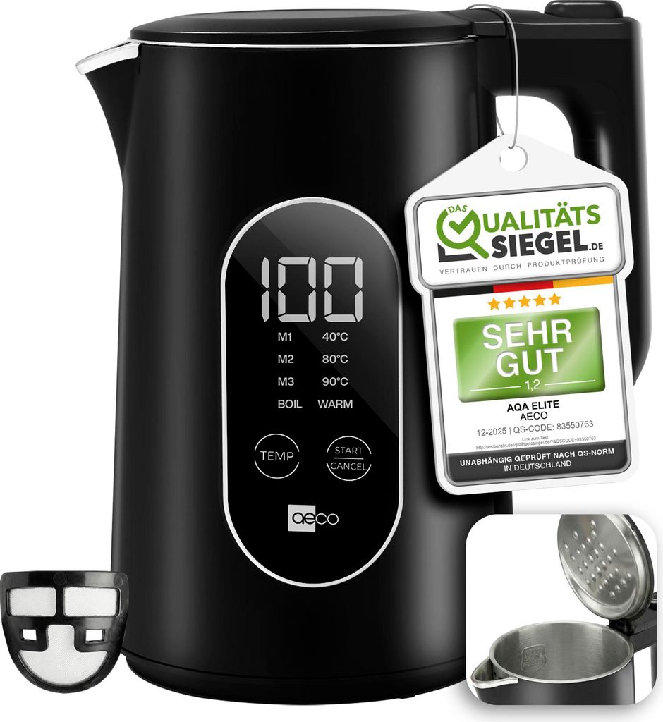 Aqa Elite Wasserkocher Edelstahl Schwarz, ohne Plastik im Wasserbereich, Temperaturkontrolle, Warmhaltefunktion, Cool-Touch
