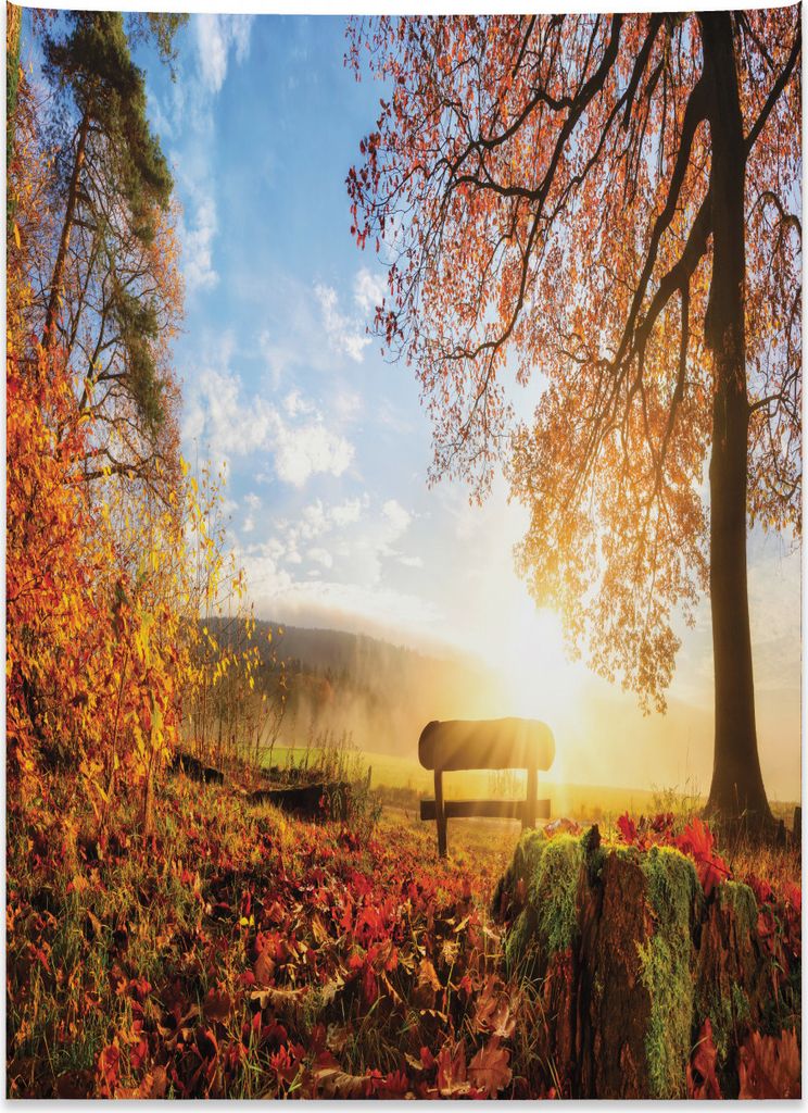 Abakuhaus Landschaft Wandteppich, Herbst Wald Bank aus Weiches Mikrofaser Stoff Kein Verblassen Klare Farben Waschbar, 110 x 150 cm, Orange Blau Rot