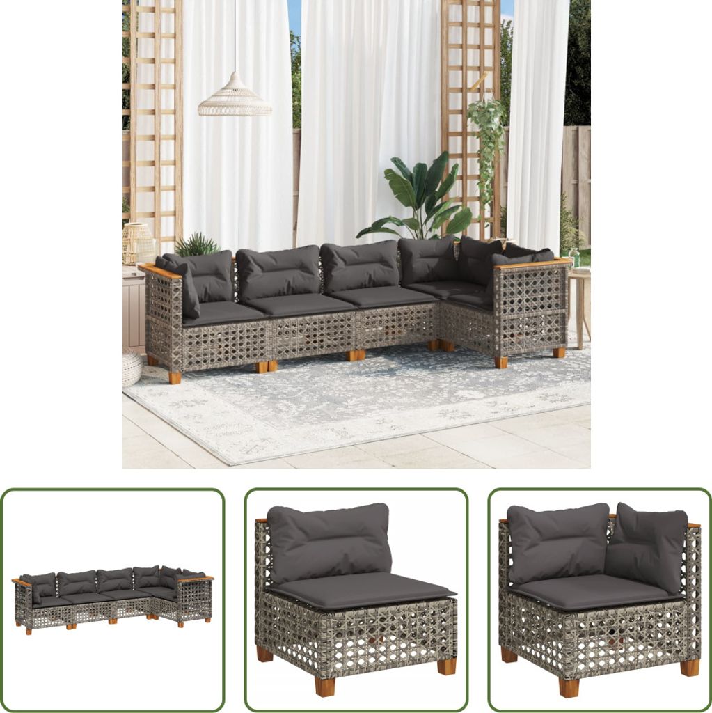 The Living Store 5-tlg. Garten-Sofagarnitur mit Kissen Grau Poly Rattan
