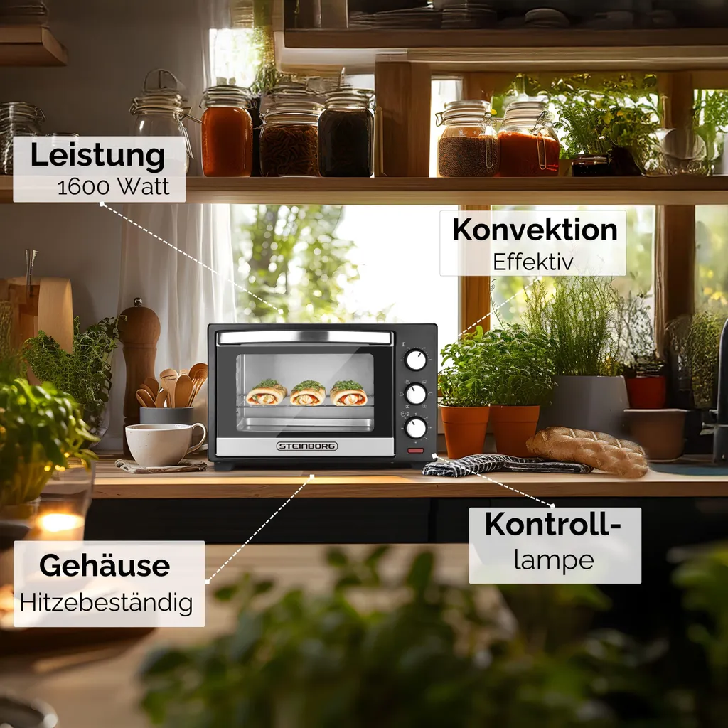 Steinborg Mini-four 25L 1600W Argent - Four à Pizza 3-en-1 Convection - 12