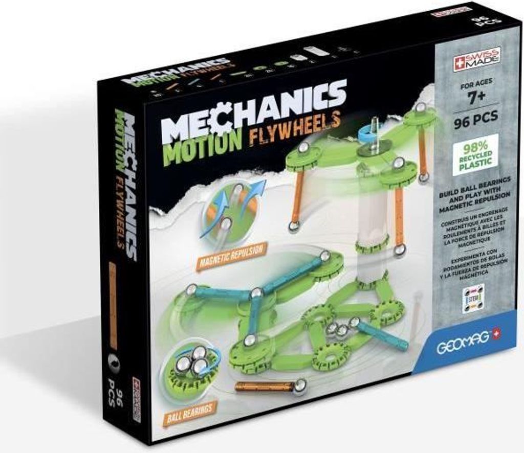 GEOMAG Mechanics Motion Recycled Flywheels, 96 Teile, Bauspielzeug ab 5 Jahren, Mechanische Modelle