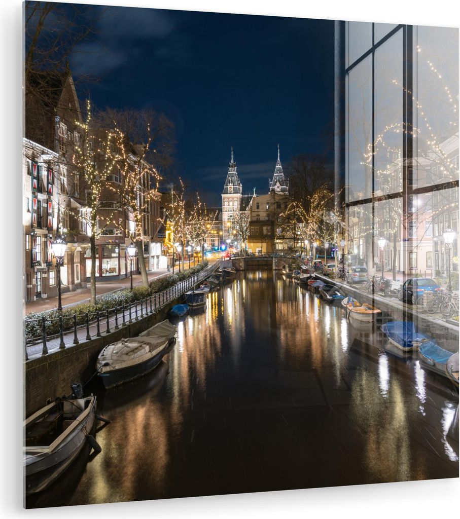 MuchoWow Glasbilder - Bilder auf Wandbild - Foto auf Glas Das Rijksmuseum hinter der Spiegelgracht in Amsterdam 20x20 cm Wanddekoration aus Glas - ...