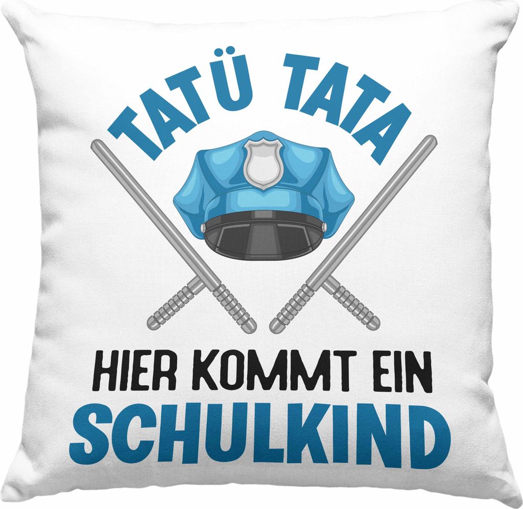 Trendation - Einschulung Junge Tatü Tata Schulkind Geschenk für Schultüte Füllung Deko-Kissen mit Füllung 40x40 Schulstart 1. Schultag Schulei...