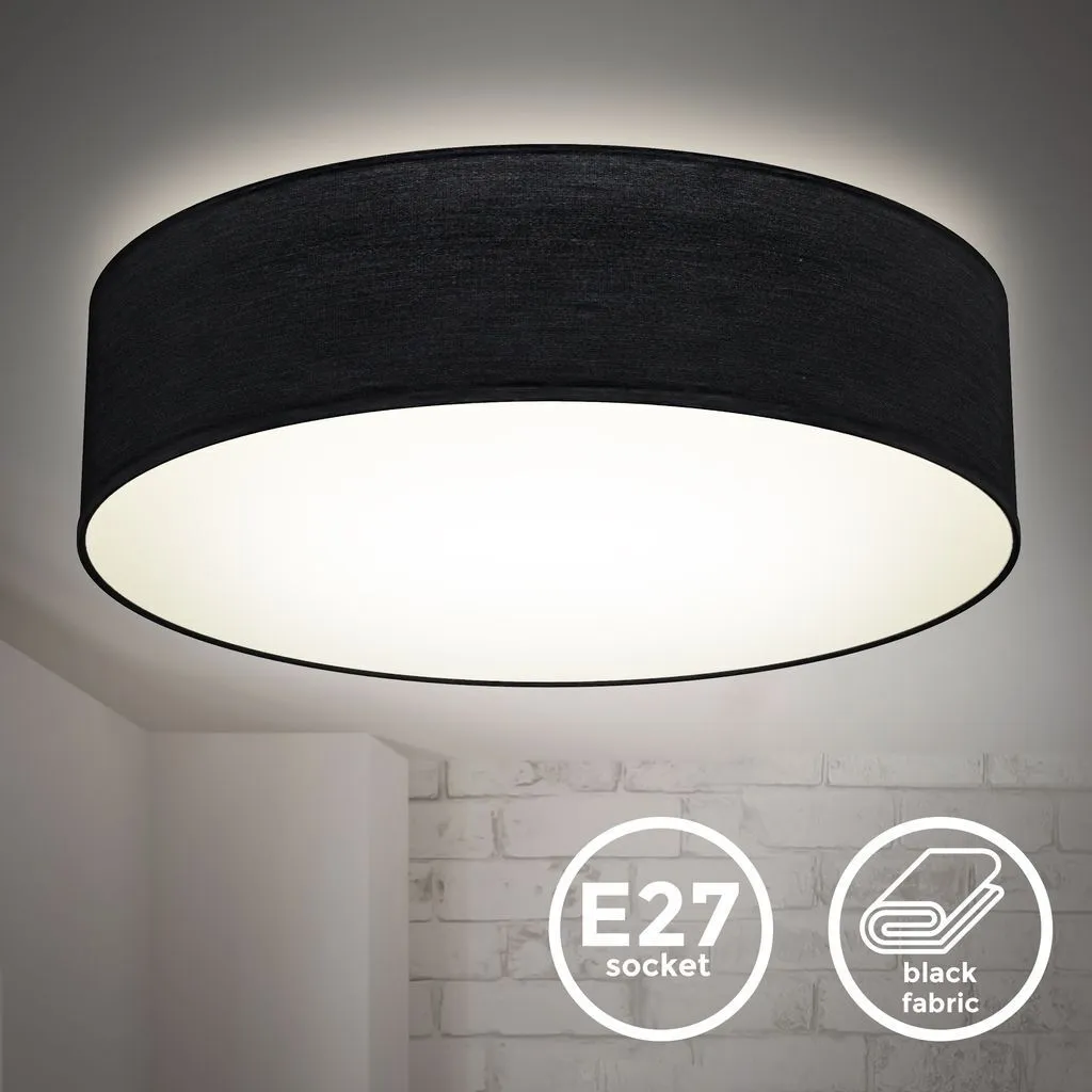 B.K.Licht Plafoniera in tessuto nero, attacco per 2 lampadine E27 non incluse, Lampada da soffitto diametro 38cm, Lampadario moderno per salotto o camera da letto, IP20
