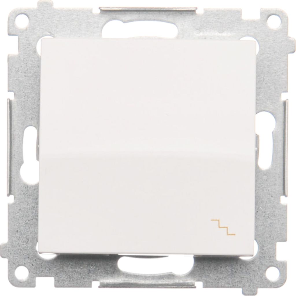A white light switch with a metallic frame against a white background.