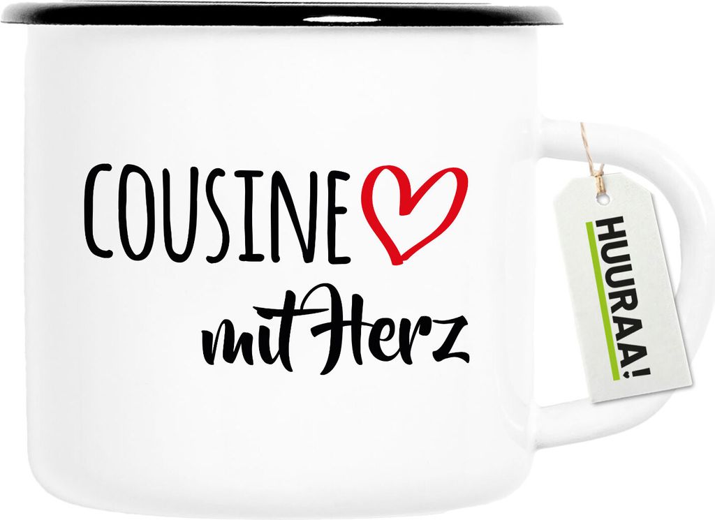 Huuraa Emaille Tasse Cousine mit Herz 300ml Vintage Campingbecher Geschenkidee