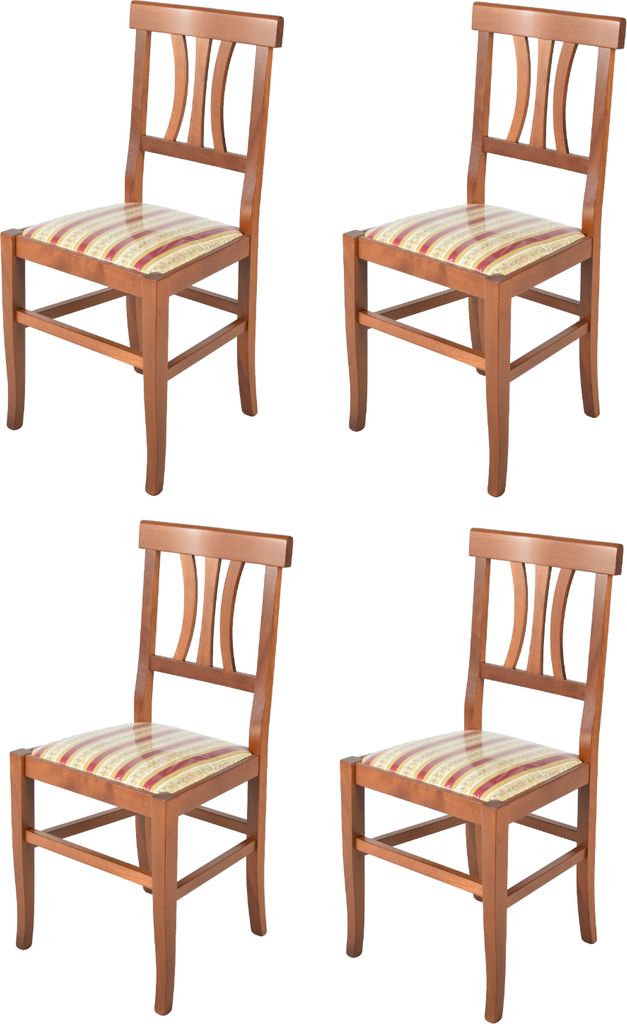 Four wooden chairs with striped seats are arranged in a grid on a white background.