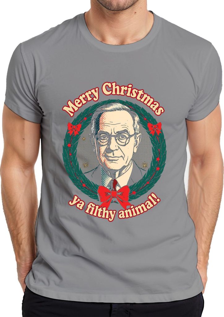 Merry Christmas ya filthy animal! Weihnachtskranz Retro Filmzitat Herren T-Shirt, Grau, M