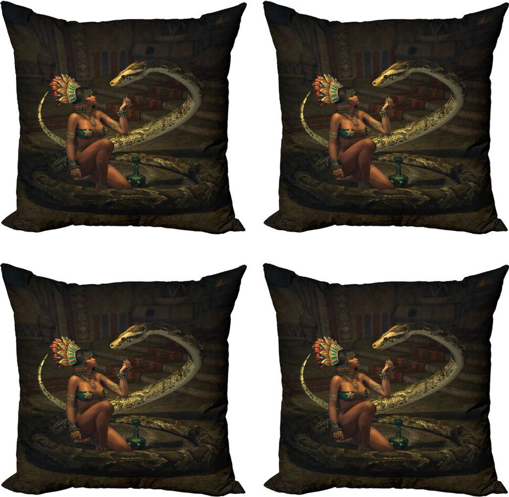 ABAKUHAUS Fantasie Kissenbezug Set (4 Stück), Mystery Girl Huge Snake, Moderner Doppelseitiger Digitaldruck, 50 cm x 50 cm, Grün Braun Zimt