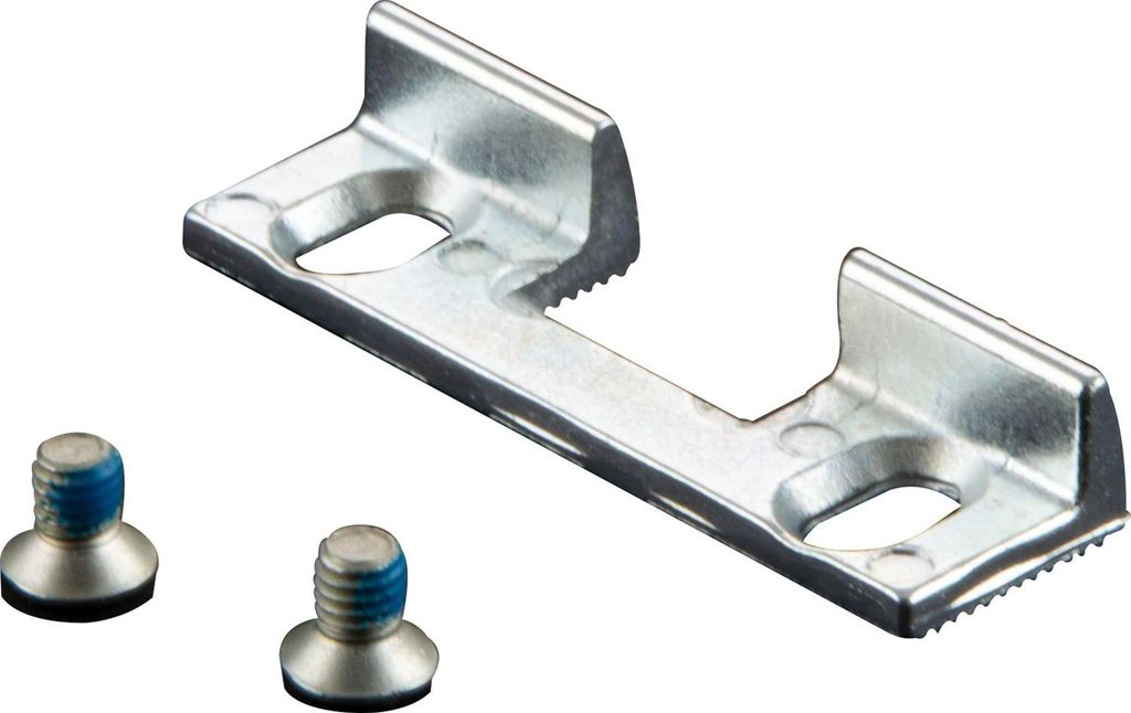 A metal bracket and two screws on a white background.