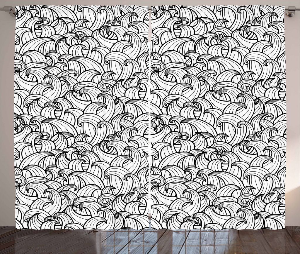 ABAKUHAUS Schwarz und weiß Rustikaler Vorhang, Seesturm Wellen, Wohnzimmer Universalband Gardinen mit Schlaufen und Haken, 280 x 225 cm, Weiß Sch...