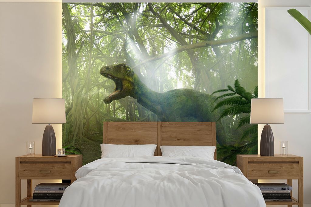 MuchoWow Fototapete für Wohnzimmer oder Schlafzimmer Wandtapete Vinyl Motivtapete Dinosaurier - Dschungel - Pflanzen - 350x350 cm - Schlafzimmer...