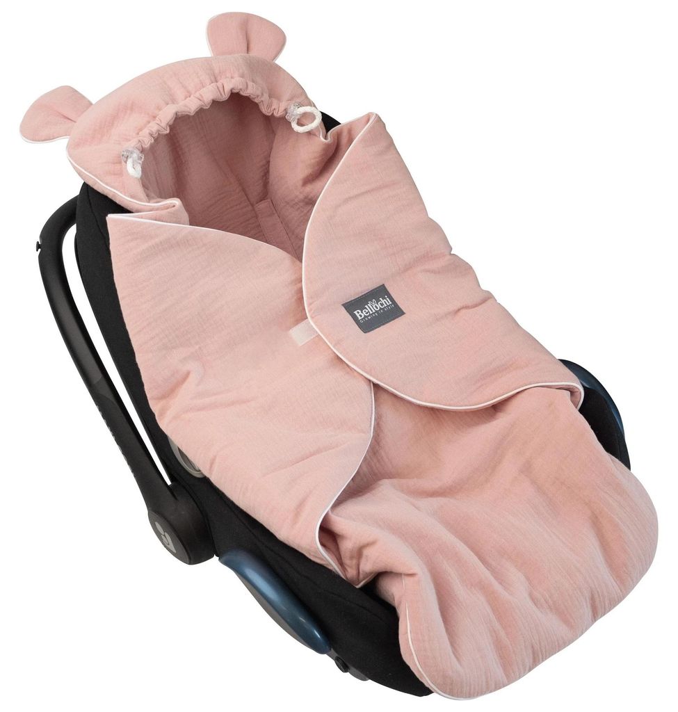 Bellochi Musselin Einschlagdecke Babyschale 90x90cm - Leichte Sommer Babydecke mit Kapuze & Fußsack für Auto & Kinderwagen - 3 & 5-Punkt-Gurt Kom...