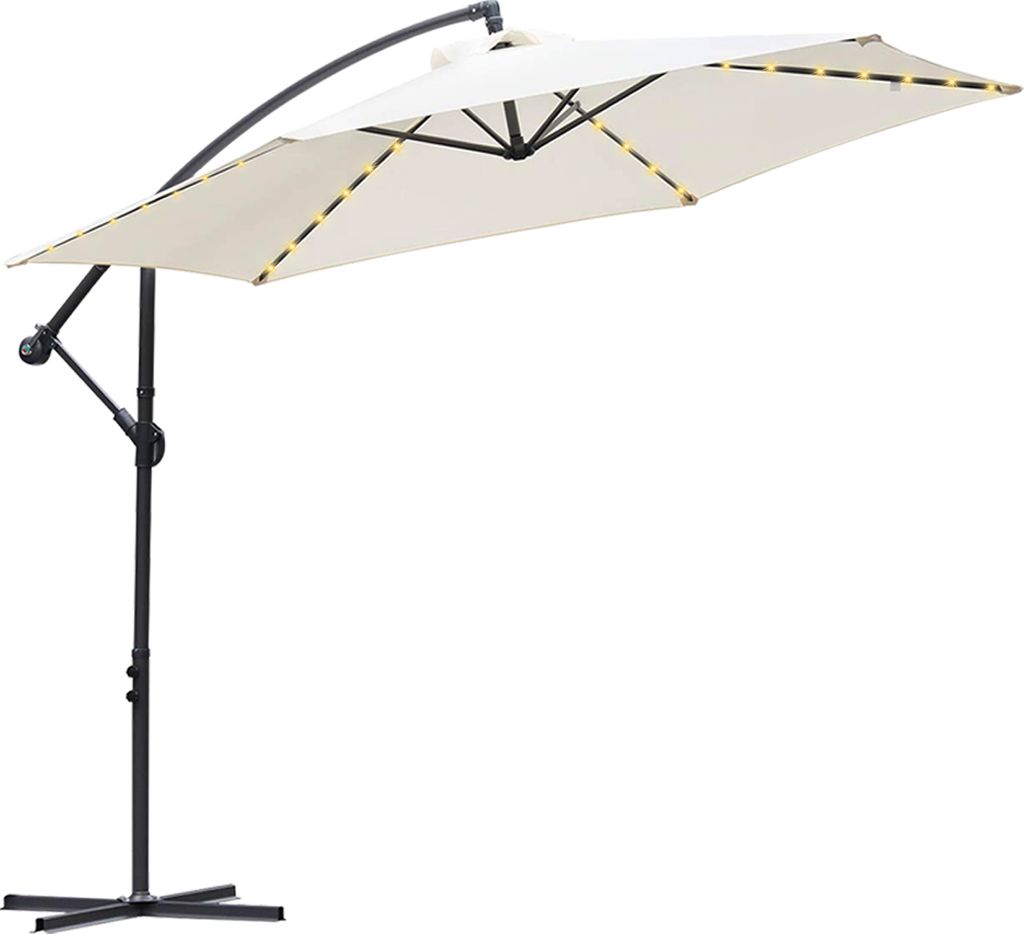 Jiubiaz Ampelschirm 300cm LED-Beleuchtung & Kurbel – UV-Schutz wasserabweisend knickbar – Sonnenschirm Marktschirm – Beige