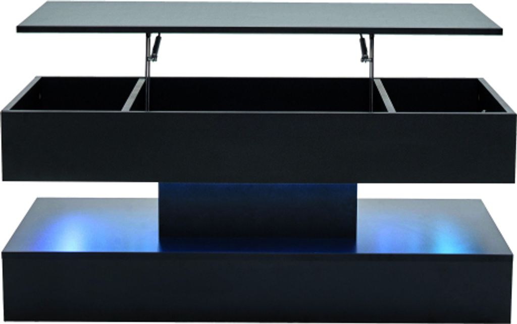 Couchtisch 100x50x42 cm Schwarz Moderner Mit LED Beleuchtung Verstecktem Stauraum Hydraulischer Hub 50 kg Belastbar Beistelltisch