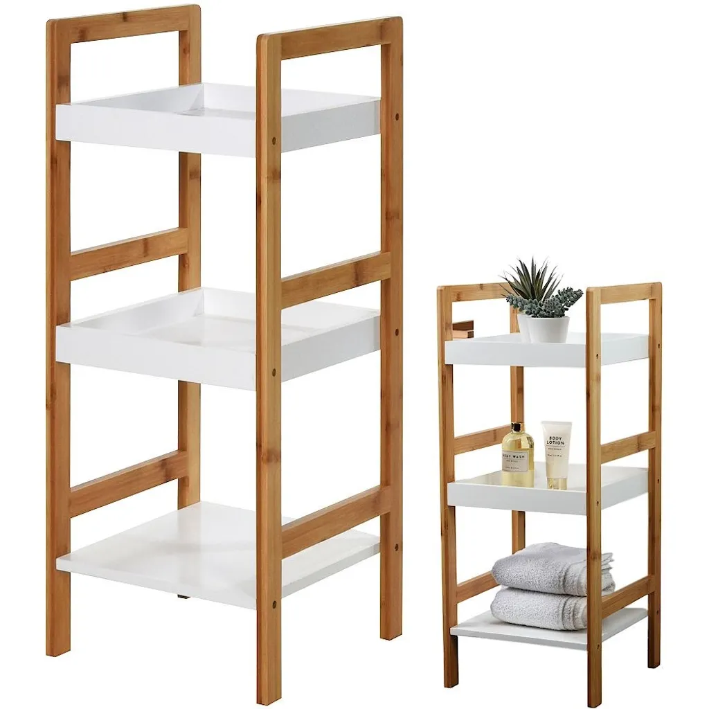 Étagère de salle de bain en bambou et MDF avec 3 niveaux de rangement