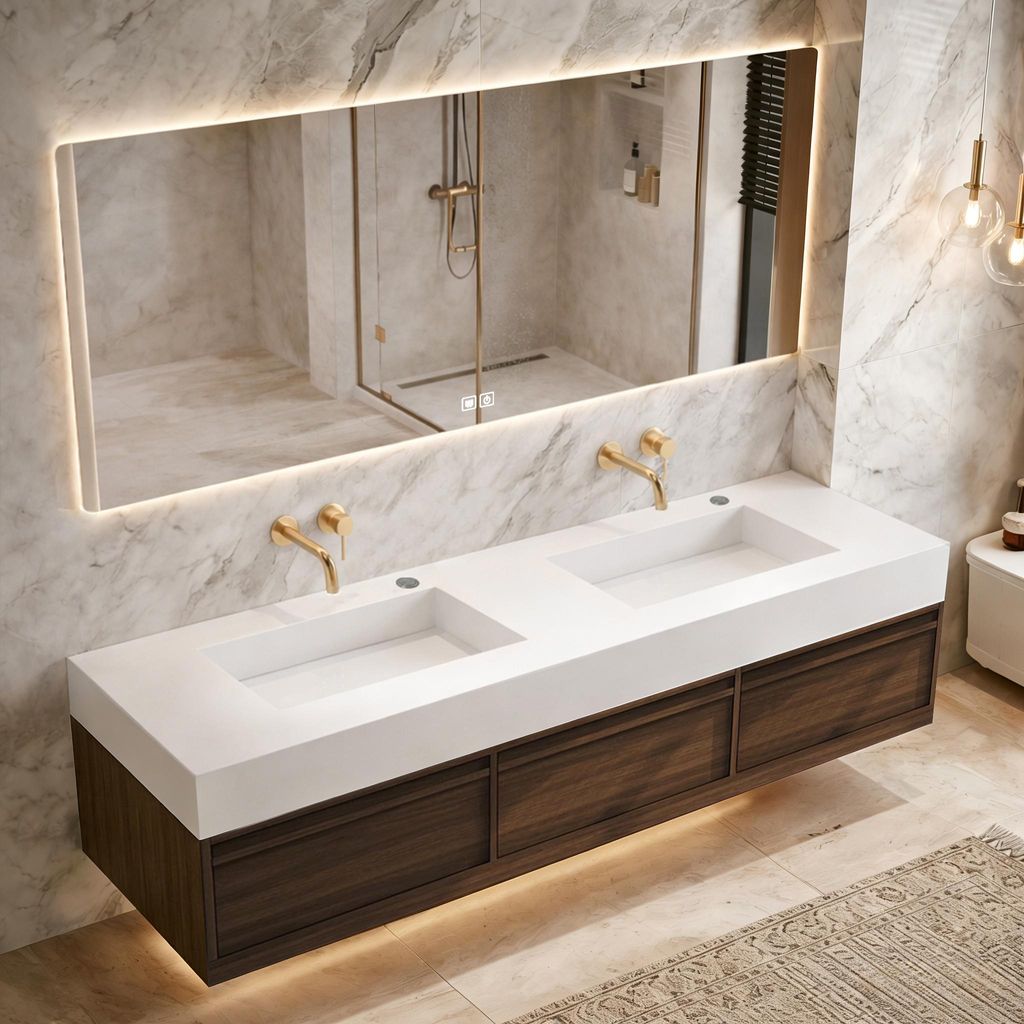 Badmöbel-Set mit Sinterstein-Doppelwaschbecken, verdecktem Ablauf, Spiegel, Unterschrank,Ablaufgarnitur【SPP21-CB-140】