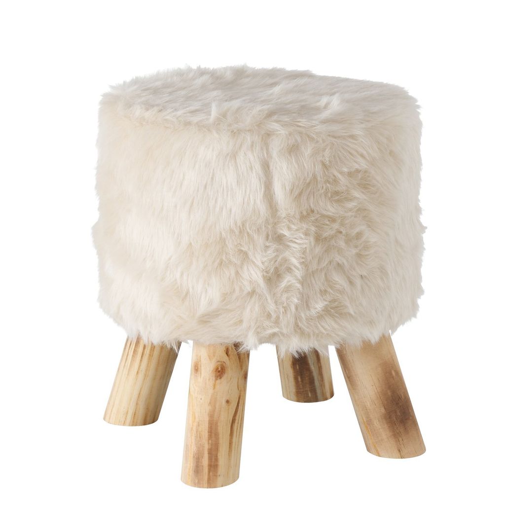 Hocker "Hilda" aus Blauglockenbaum Fast Blue und Polyester ( Holz) in weiß und braun, 36 cm - Sitzhocker, Fellhocker, Schminkhocker - Landhaus