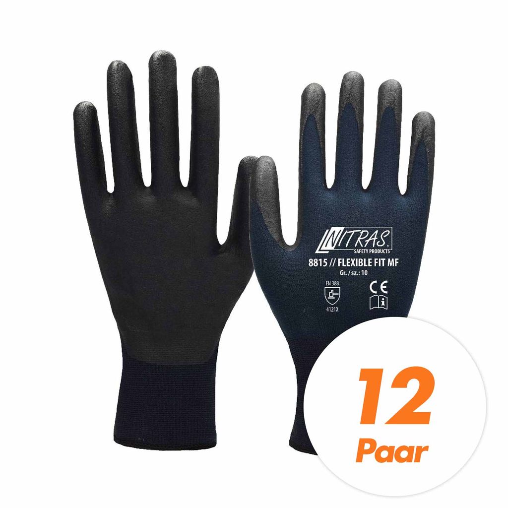 NITRAS Arbeitshandschuhe Flexible FIT MF 8815 - Sicherheitshandschuhe - Teilbeschichtet auf Innenhand und Fingerkuppen - 12 Paar Größe:8