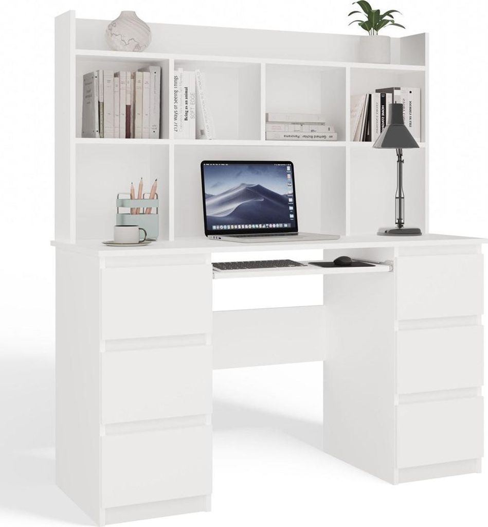 Kuba Schreibtisch mit Platte – Funktionelles Arbeitsset mit 6 Schubladen und 5 Regalen | Weiß | 130x146x51cm
