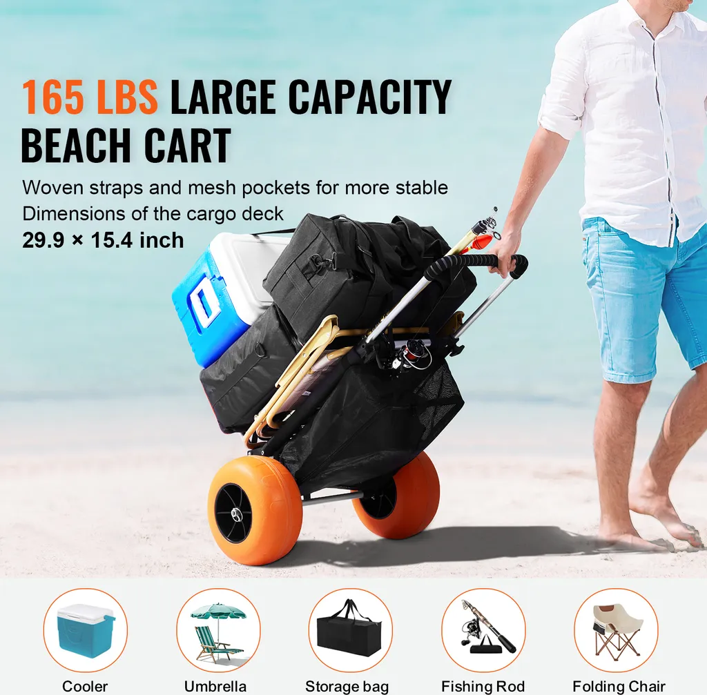 SucceBuy Carrello da spiaggia per sabbia - Area di carico 29,9" x 15,4". Carrello pieghevole per la sabbia con ruote in schiuma da 12", portata di 165 libbre e altezza regolabile da 27" a 44,7". Resistente per le avventure in spiaggia. - 2
