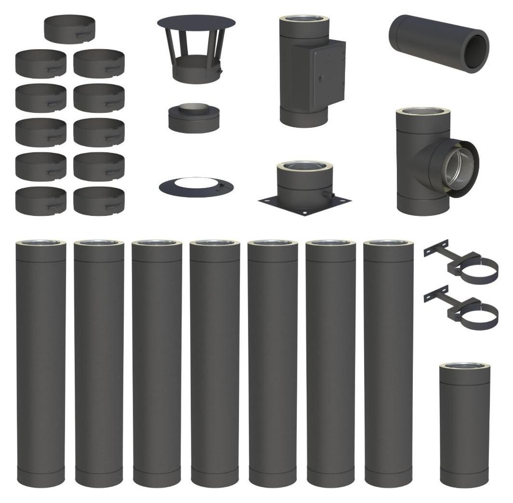 8 m Edelstahlschornstein Ø 130 mm Komplettset doppelwandig DW-Black Bodenmontage