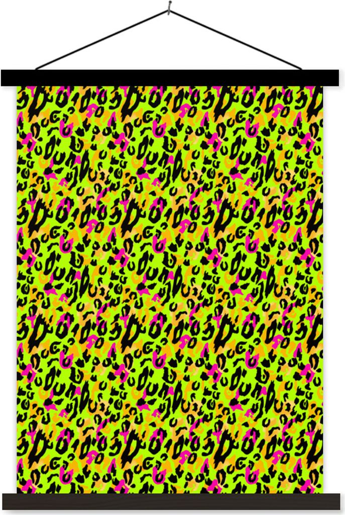 MuchoWow Textilposter Pantherdruck - Neon - Gelb - Rosa 90x120 cm mit schwarzem Rahmen - Dekoration