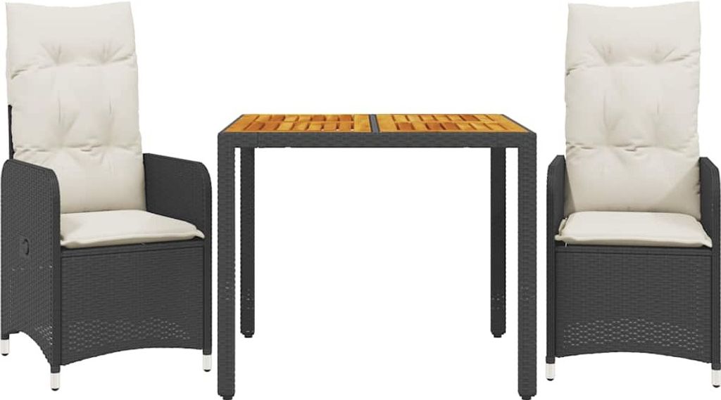 vidaXL 3-tlg. Garten-Bistro-Set mit Kissen Schwarz Poly Rattan