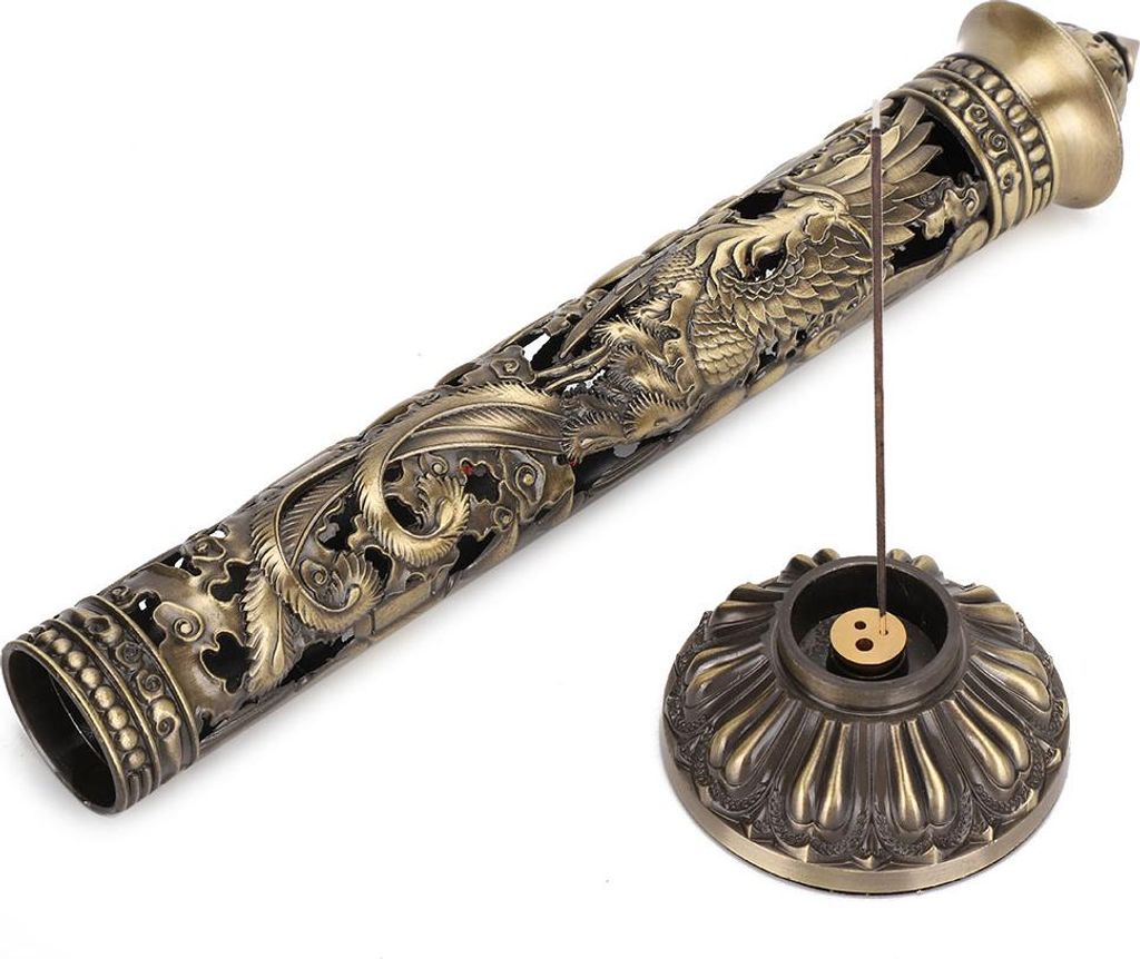 Räucherstäbchen Brenner Bronze Tone Dragon Phoenix Relief Handwerk Ornamente Tee Zimmer Dekoration