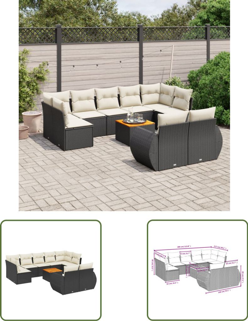 The Living Store 10-tlg. Garten-Sofagarnitur mit Kissen Schwarz Poly Rattan