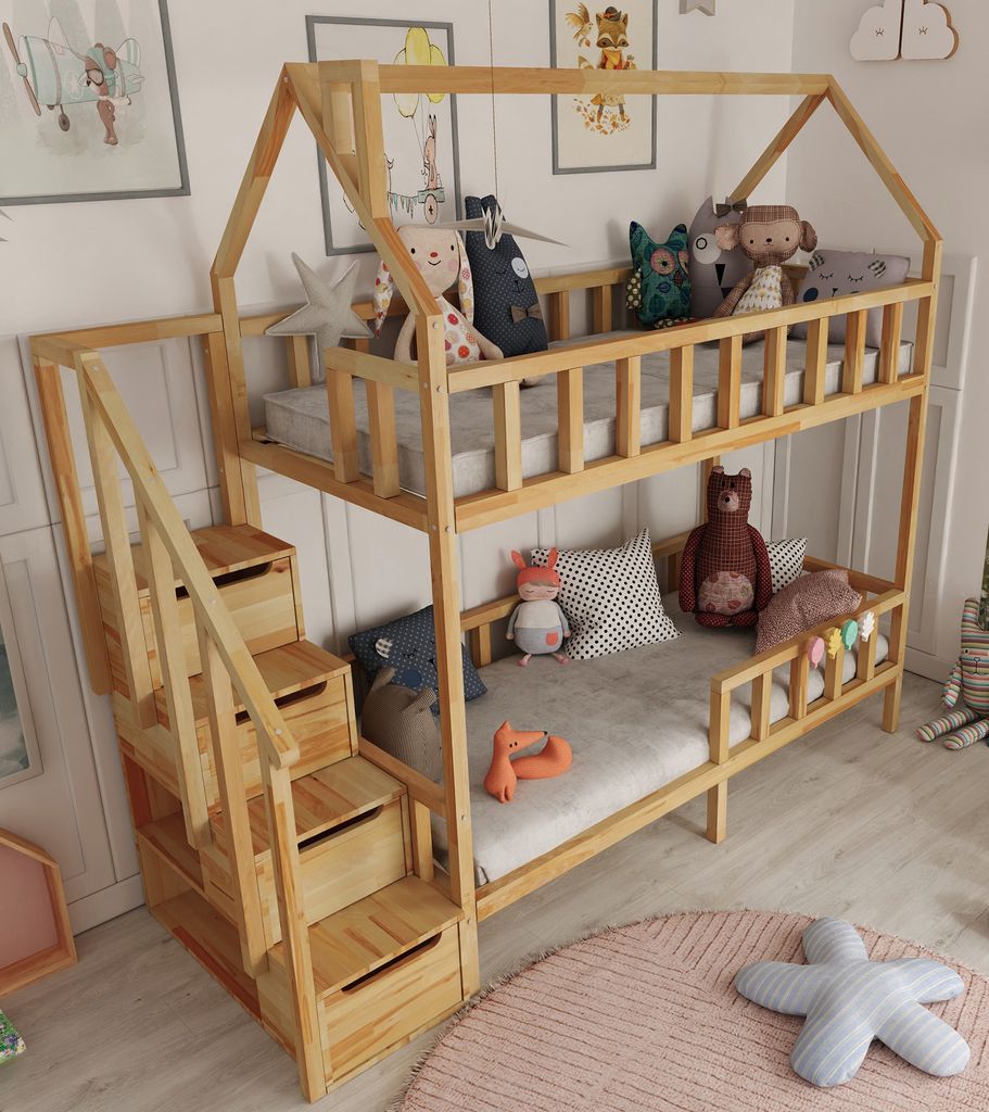 Etagenbett Hausbett mit Treppe, seitlicher Einstieg ZOSIA naturbelassen 180x80 cm