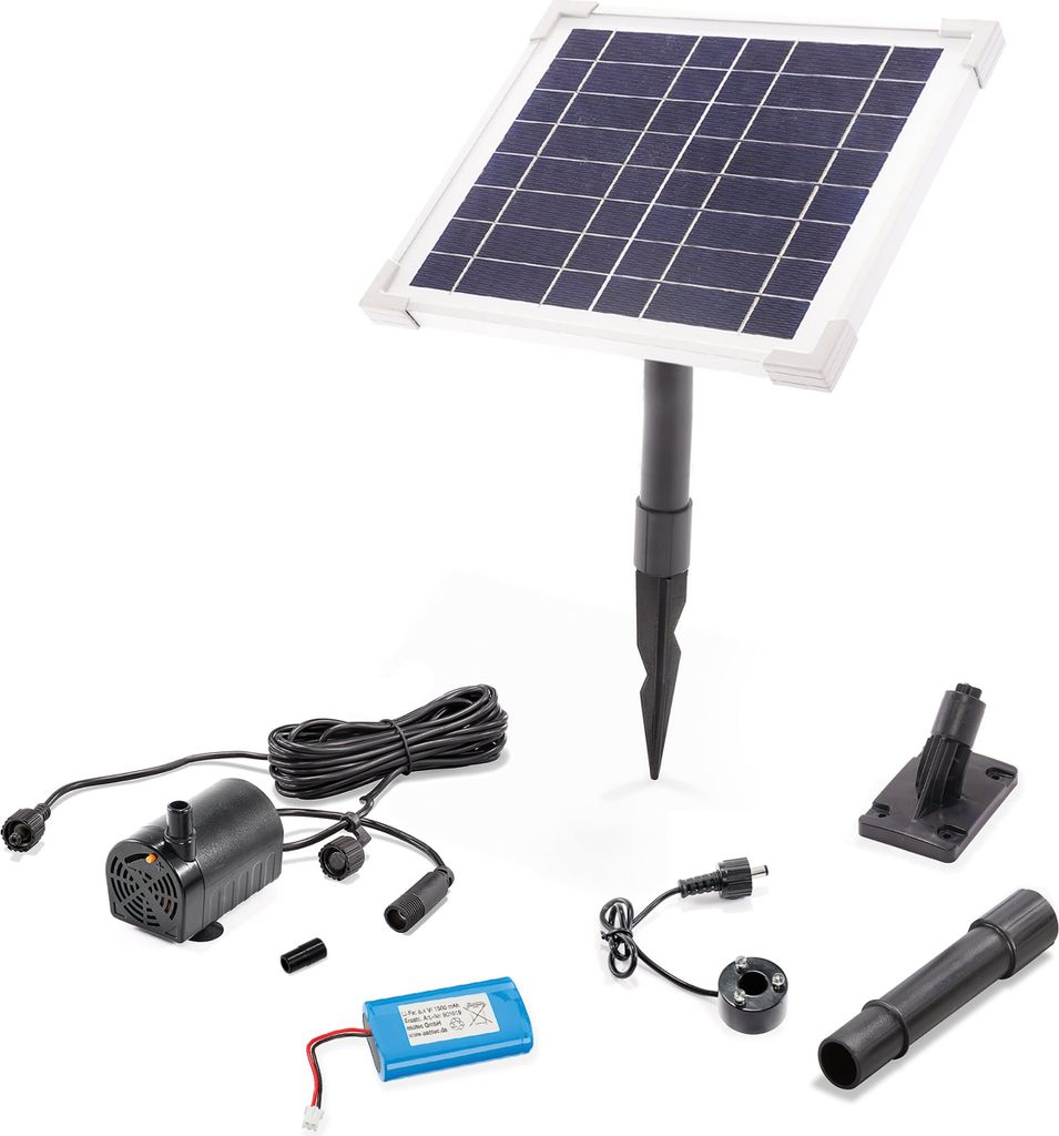 A collection of solar-powered fountain pump components laid out on a white background.