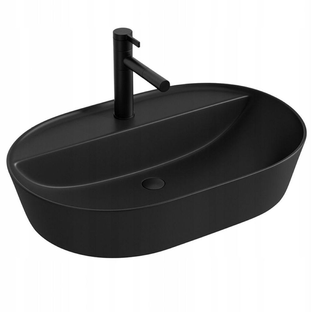 Ovaler, schwarzer Aufsatzwaschtisch aus Keramik mit Abflussloch, groß (60 cm)