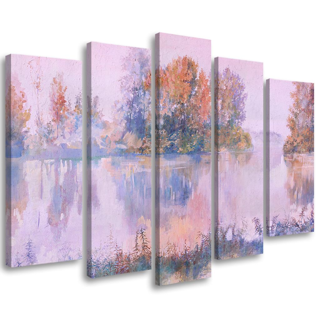 5-teiliges leinwandbild blick auf den see 150x100 cm Feeby blau wandbild bereit zum aufhängen