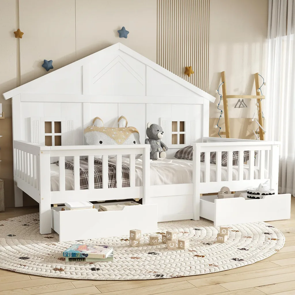 Lit enfant 90x200 avec tiroirs de rangement et toit en bois massif blanc